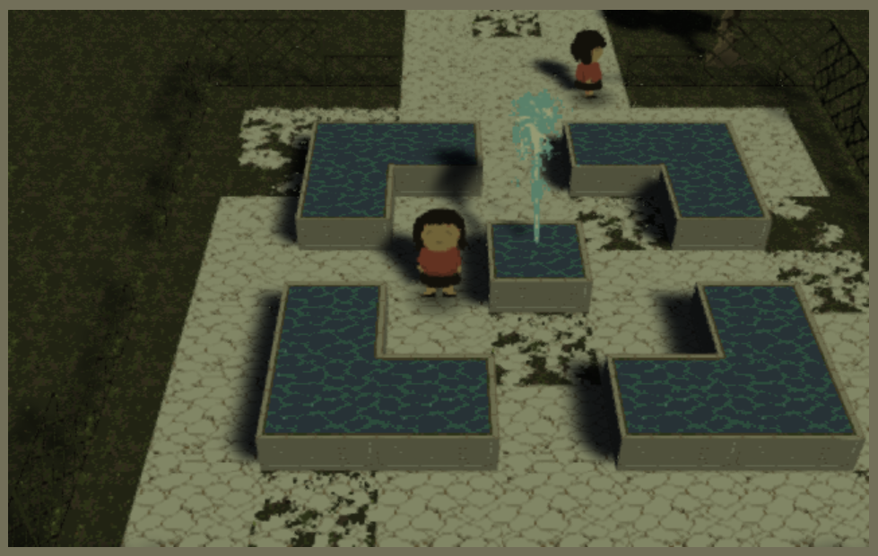 A screenshot of Behind The Red Dais, showing the player&rsquo;s character or exploring an outside area with a fountain and another character in the distance.