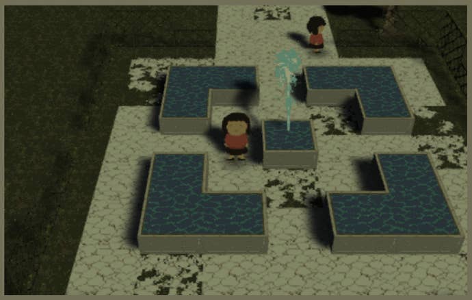 A screenshot of Behind The Red Dais, showing the player’s character or exploring an outside area with a fountain and another character in the distance.