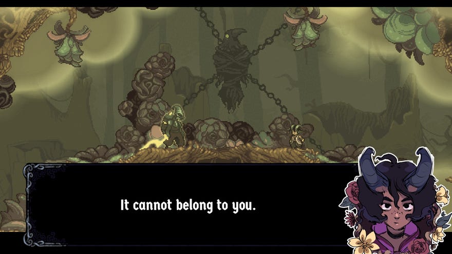 A horned character speaks in a dialogue box in an early look at Earthblade, the next game from Celeste developers Extremely OK Games.