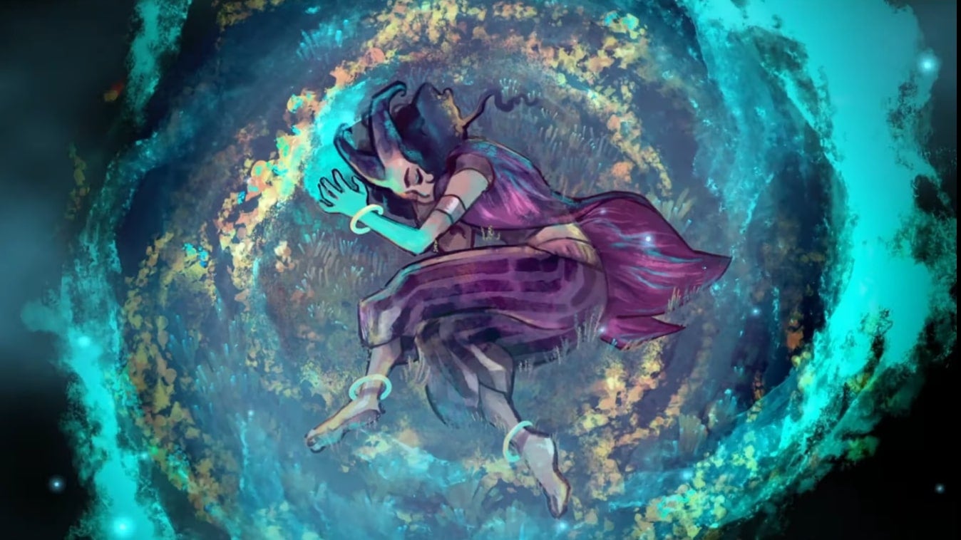 A woman lying curled up in a cloudy whirl of blue fire - 1