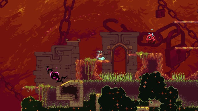 In Earthblade sitzt ein junger gehörnter Charakter auf einer Plattform in einer roten Burglandschaft