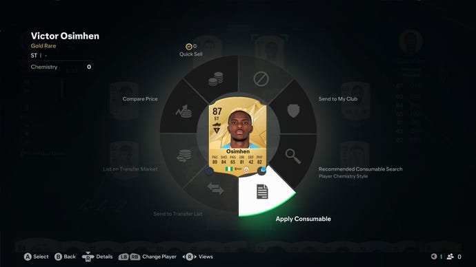 Feeding Osimhen a consumable from an Ultimate Team card interface.