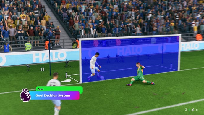 A VAR decision plays out, as the goal is highlighted in blue, a goalie slides, and a player attempts to defend the ball.