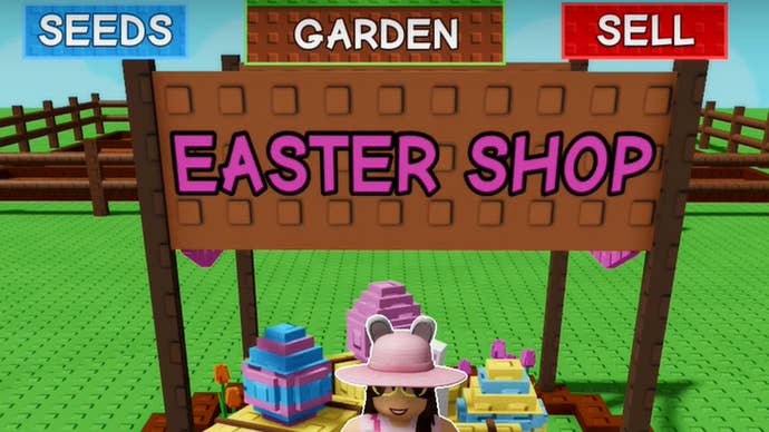 The limited event Easter Shop in Grow A Garden, complete with a big sign that reads EASTER SHOP and a seller in a pink hat.