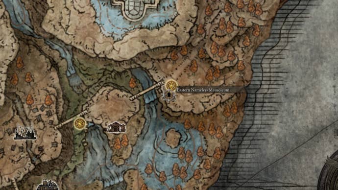 Eastern Nameless Mausoleum location on the world map in Elden Ring: Shadow of the Erdtree.
