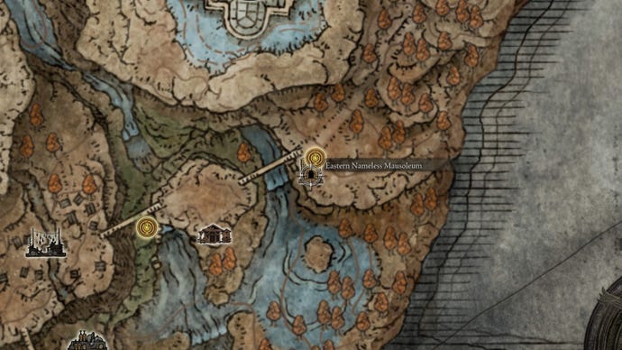 Eastern Nameless Mausoleum location on the world map in Elden Ring: Shadow of the Erdtree.