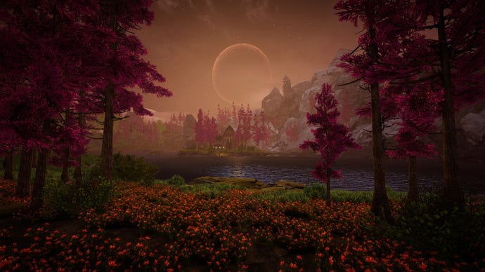 A night scene from Eastshade, a crescent moon in a red sky looming over a small house surrounded by purple-red trees