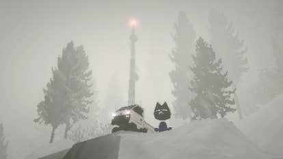 A PS1-style feline is sat connected a snowy cliff borderline adjacent to a kei motortruck successful Easy Delivery Co.