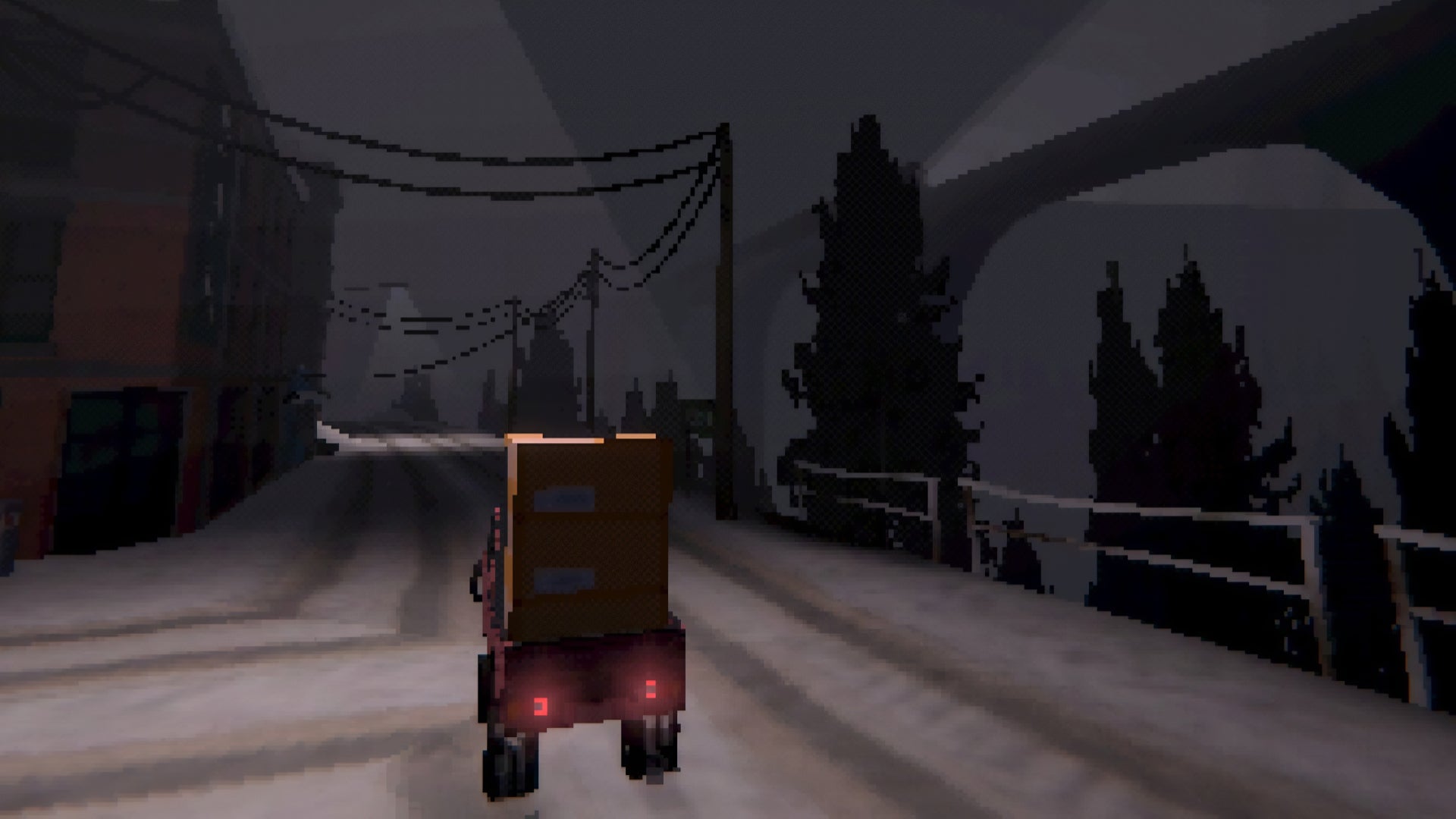 A screenshot from Easy Delivery Co., showing the player driving a truck down a snowy road at night.