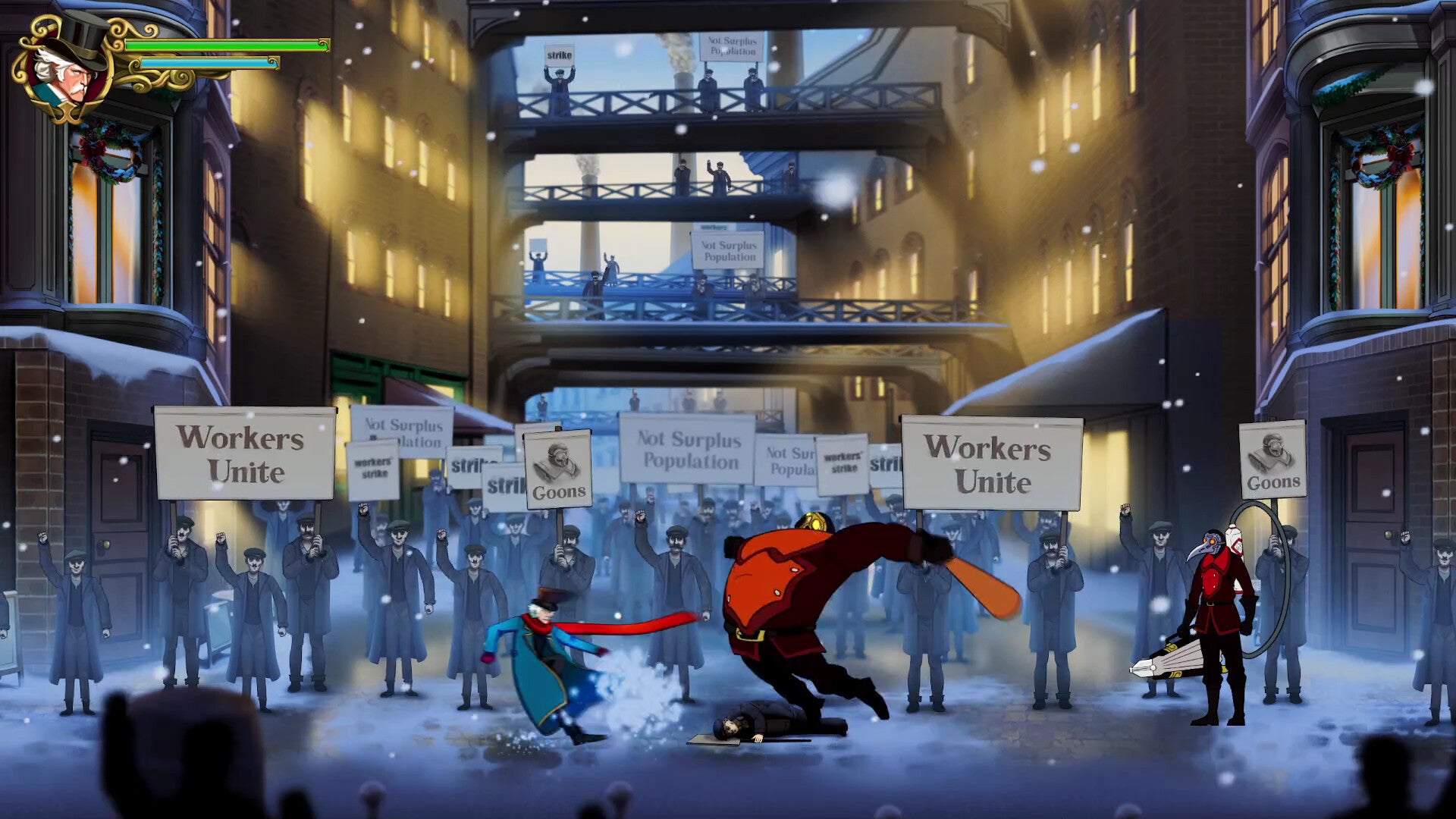 Ebenezer Scrooge dodges out of the way of a large goon as a crowd of protesting workers look on in Ebenezer And The Invisible World - 35