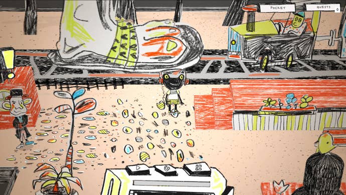 A frog strolls through a world drawn with colour pencils in an Ebi Tapes screenshot.