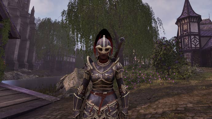 A female character wears an Ebony Armor set in The Elder Scrolls IV: Oblivion Remastered.