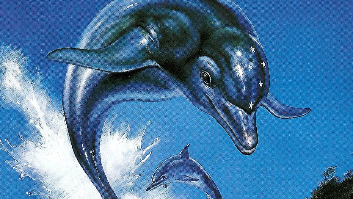 A close-up illustration of a starry-browed dolphin leaping against a blue sky, from the original cover art for Ecco the Dolphin. - 1