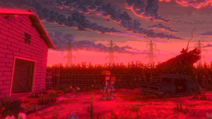 Two kids walk through a corn field at sunset in Echo Generation