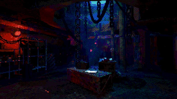 A dark room with chains hanging from the ceiling in Eclipsium.