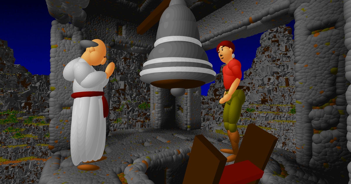 A priest in a cassock and a guy in a red shirt with green pants standing in a belltower in ellipsoid horror game Ecstatica.