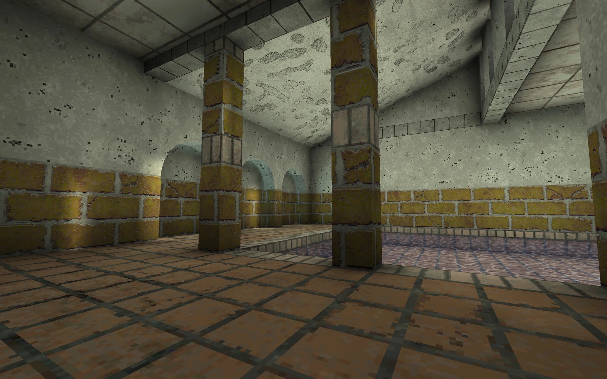 Screenshot of a Quake map made by Ed Lu showing tiled floors, two pillars and grey-green walls