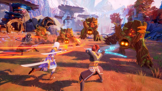 Three characters in Edge of Memories engage in a fight with some living trees.