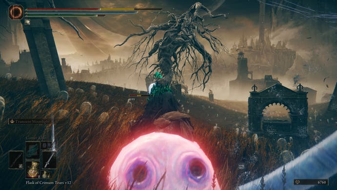 Elden Ring Shadow of the Erdtree screenshot showing a little pink glowing character in the lower foreground with view of castles and fields behind, as if it were taking a selfie.