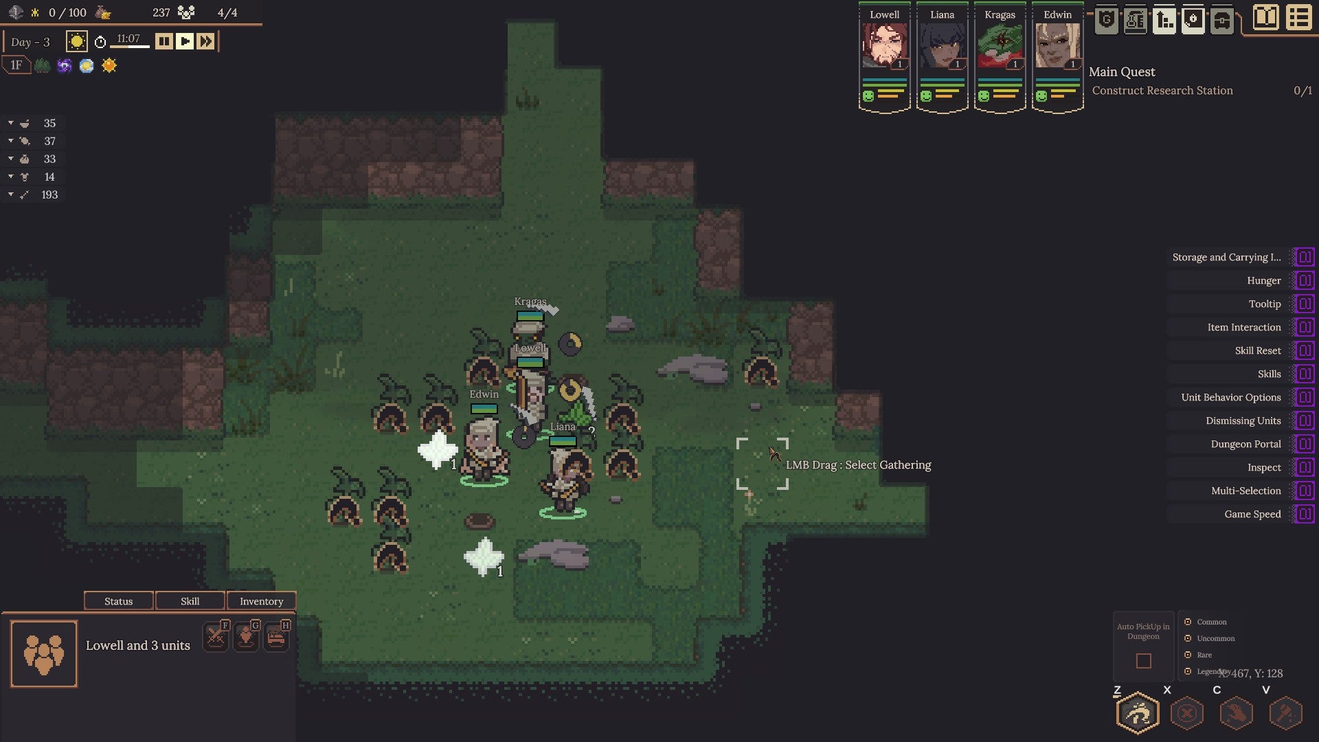 A group of adventurers gathering plants in Dungeon Settlers, including one called Edwin.