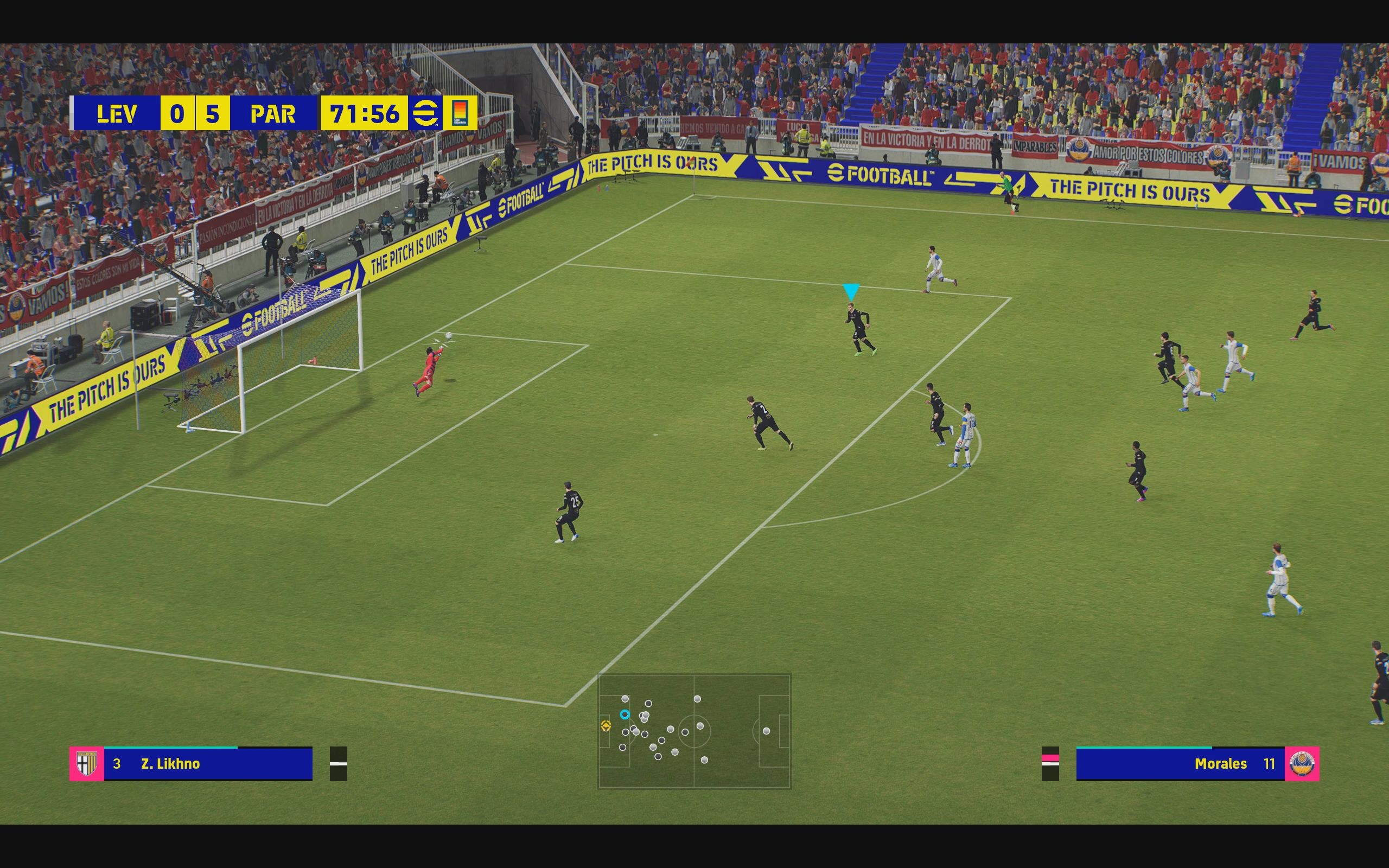 eFootball review: 5-0 up in the 72nd minute, the Parma goalkeeper makes an outstretched diving save to their left.