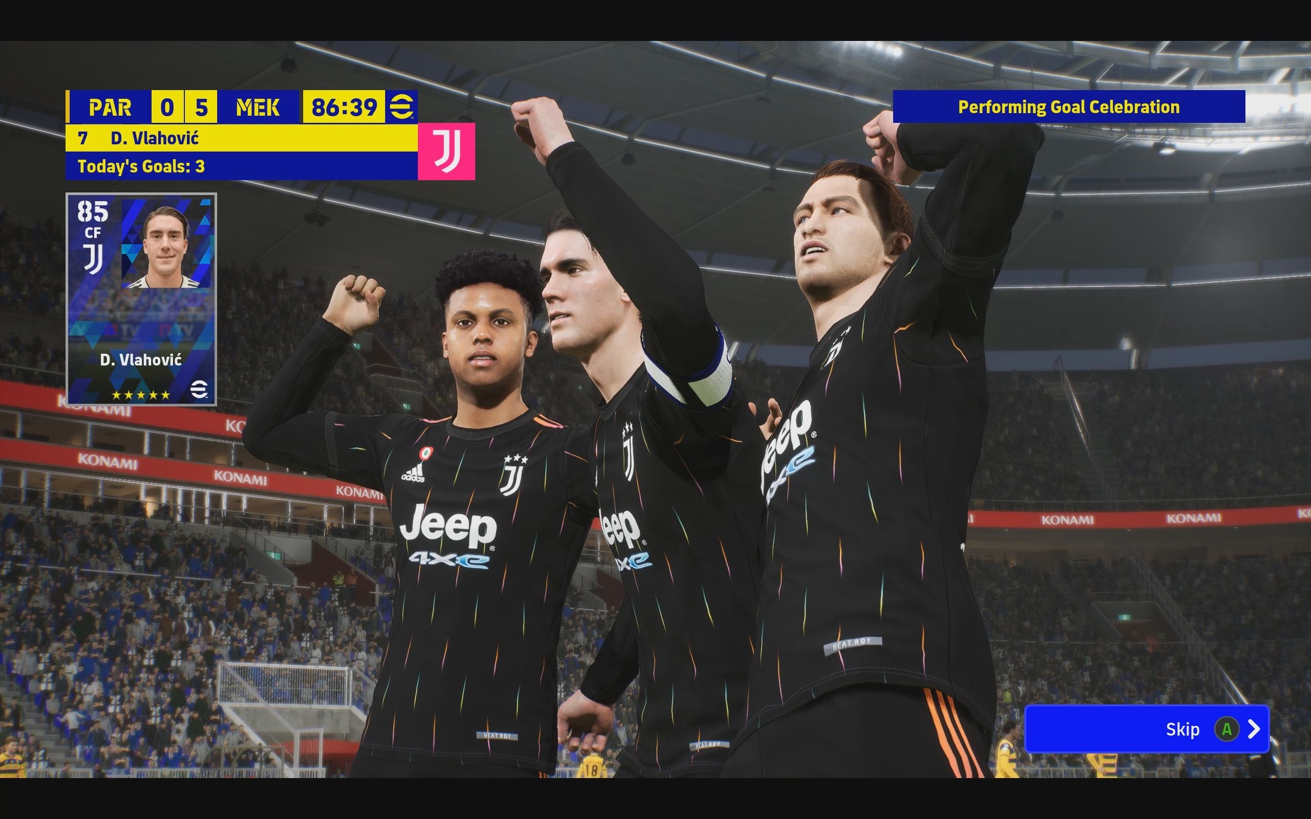 eFootball review: Three players in all-black Juventus kit celebrate Dusan Vlahovic&rsquo;s third goal of a 5-0 win in the 87th minute.