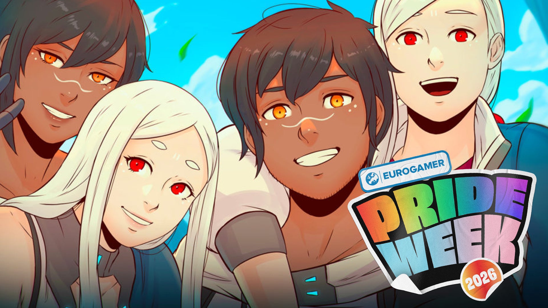 Promotional art showing the smiling same-sex couples from Haven's Couples Update, overlaid with the Eurogamer Pride Week 2026 logo.