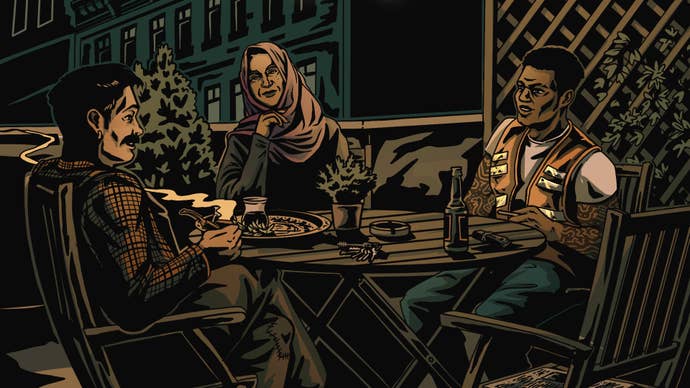 An illustration from the tabletop RPG Mad as Hell showing a three people in conversation as they sit around a table on a balcony at night.