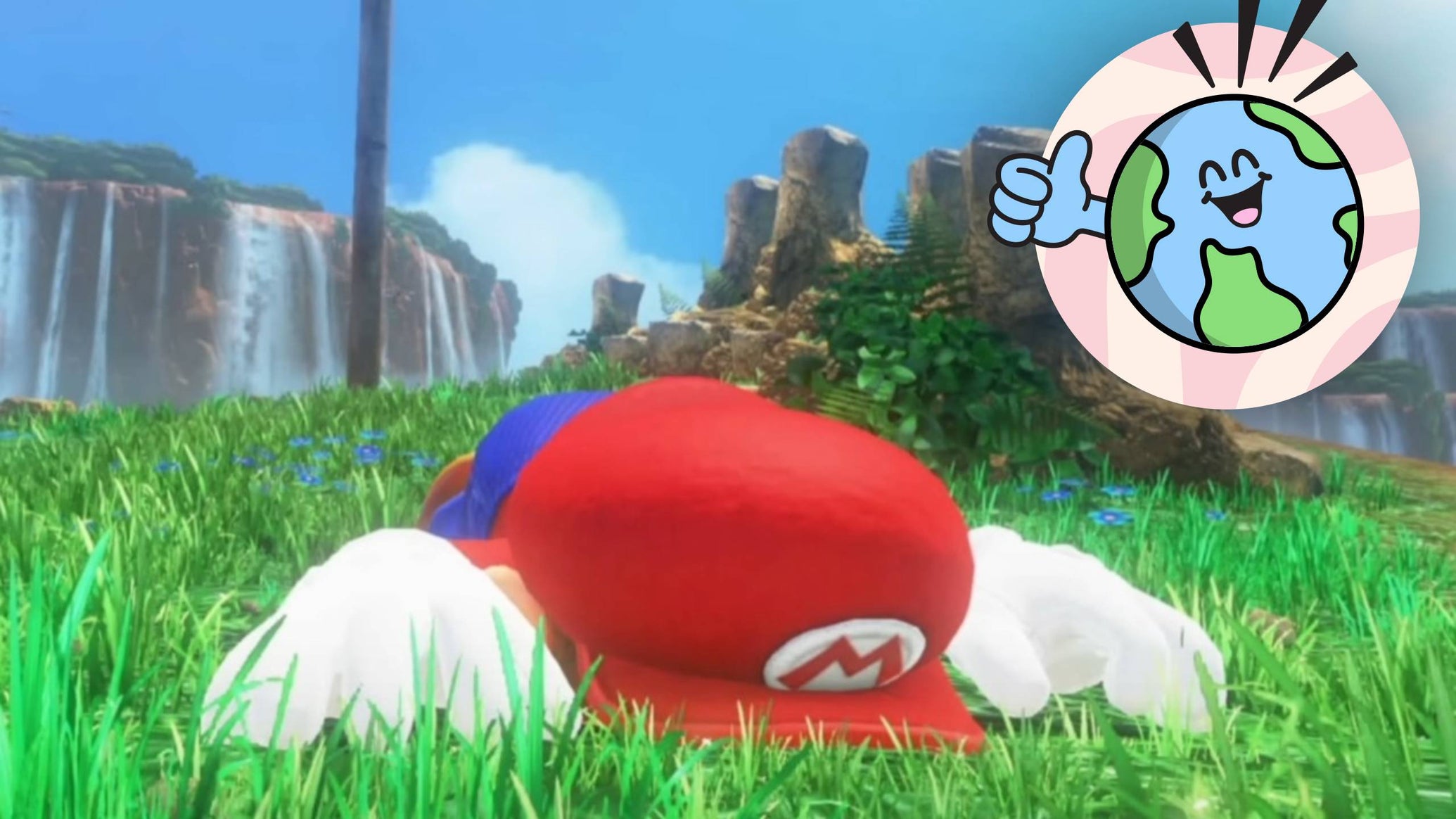 Custom header with Mario face-first in the grass, with optimism week logo in top right.
