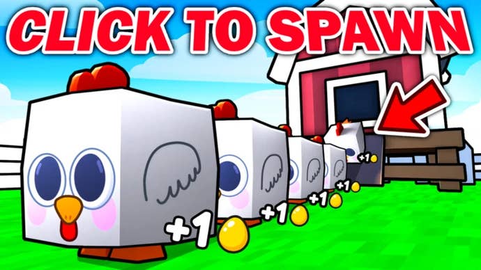 Artwork for the Roblox game Egg Empire showing cute, cube-shaped chickens.