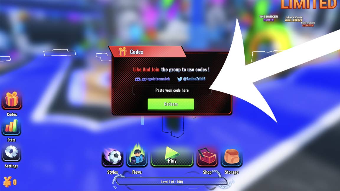 Uma seta apontando para o menu Códigos na revanche do Roblox Game Egoist.