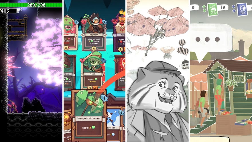 A montage of screenshots from Ninja Or Die, Wildfrost, Wings Of Sycamore and Tiny Bookshop