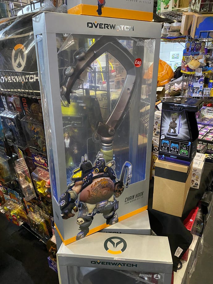 A photo of a replica of Roadhog's hook from Overwatch.