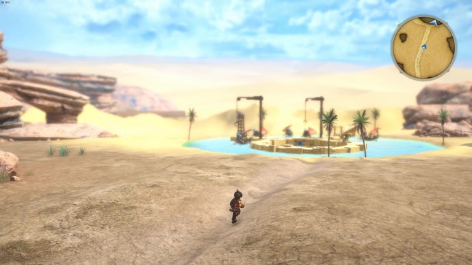 Nowa runs towards a desert settlement in Eiyuden Chronicle: Hundred Heroes.