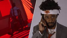 On the left, a man in a suit without a jacket, leaning back on a chair, bathed in a harsh red light in El Paso, Elsewhere. On the right, LaKeith Stanfield in Sorry to Bother You, he's on the phone, with a bandage wrapped around his head, a blood mark on one part of it.