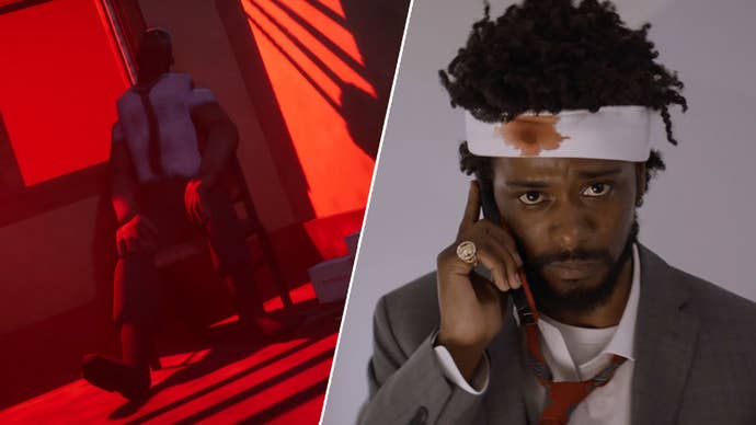 On the left, a man in a suit without a jacket, leaning back on a chair, bathed in a harsh red light in El Paso, Elsewhere. On the right, LaKeith Stanfield in Sorry to Bother You, he’s on the phone, with a bandage wrapped around his head, a blood mark on one part of it.