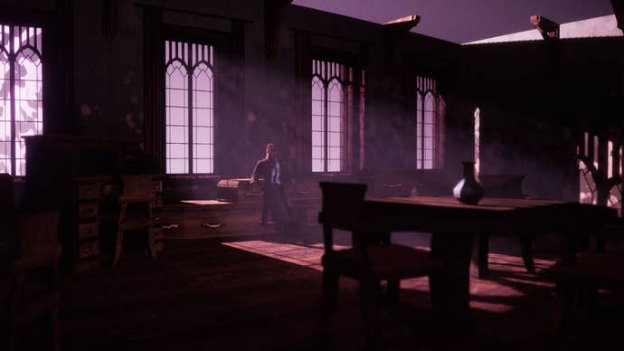 A room in El Paso, Elsewhere that resembles a part dining room, part church stacked with coffins