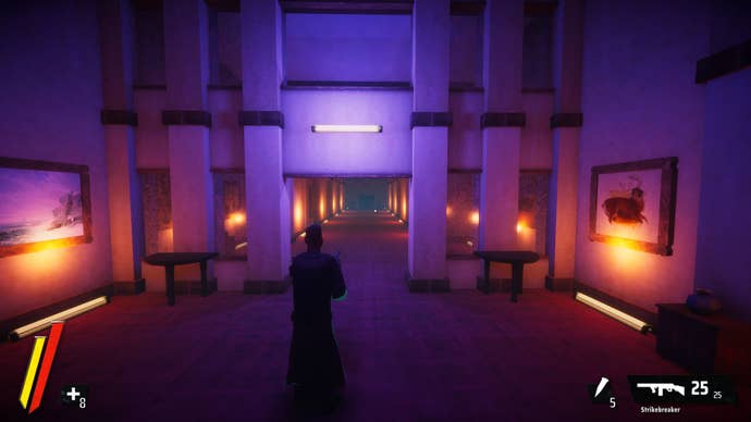 A pink and yellow lit hallway in the motel in El Paso, Elsewhere