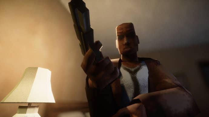 The main character of El Paso, Elsewhere, holding a gun towards camera