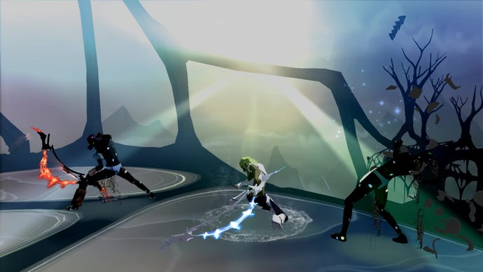 Enoch swings his Arch blade at two enemies in El Shaddai.
