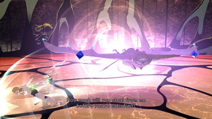 Enoch dodges a huge bat boss in El Shaddai.
