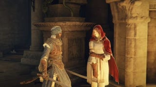 eldden ring player and roderika in red hood on the right.