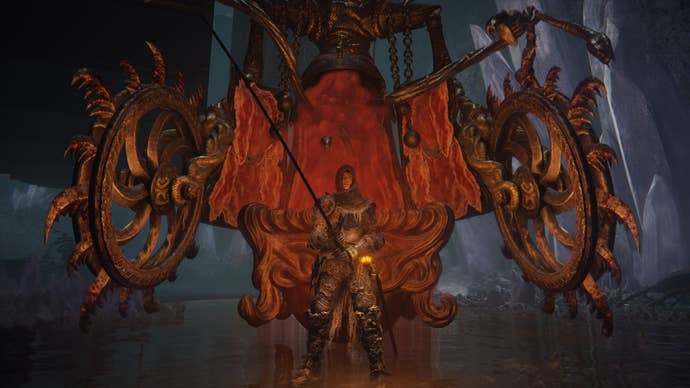 A player in Elden Ring is about to be abducted by an Abductor Virgin standing behind them.