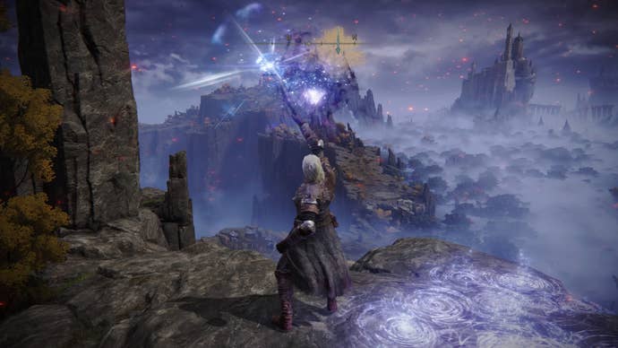 Screenshot of the Tarnished wielding the Albinauric Staff in Elden Ring.