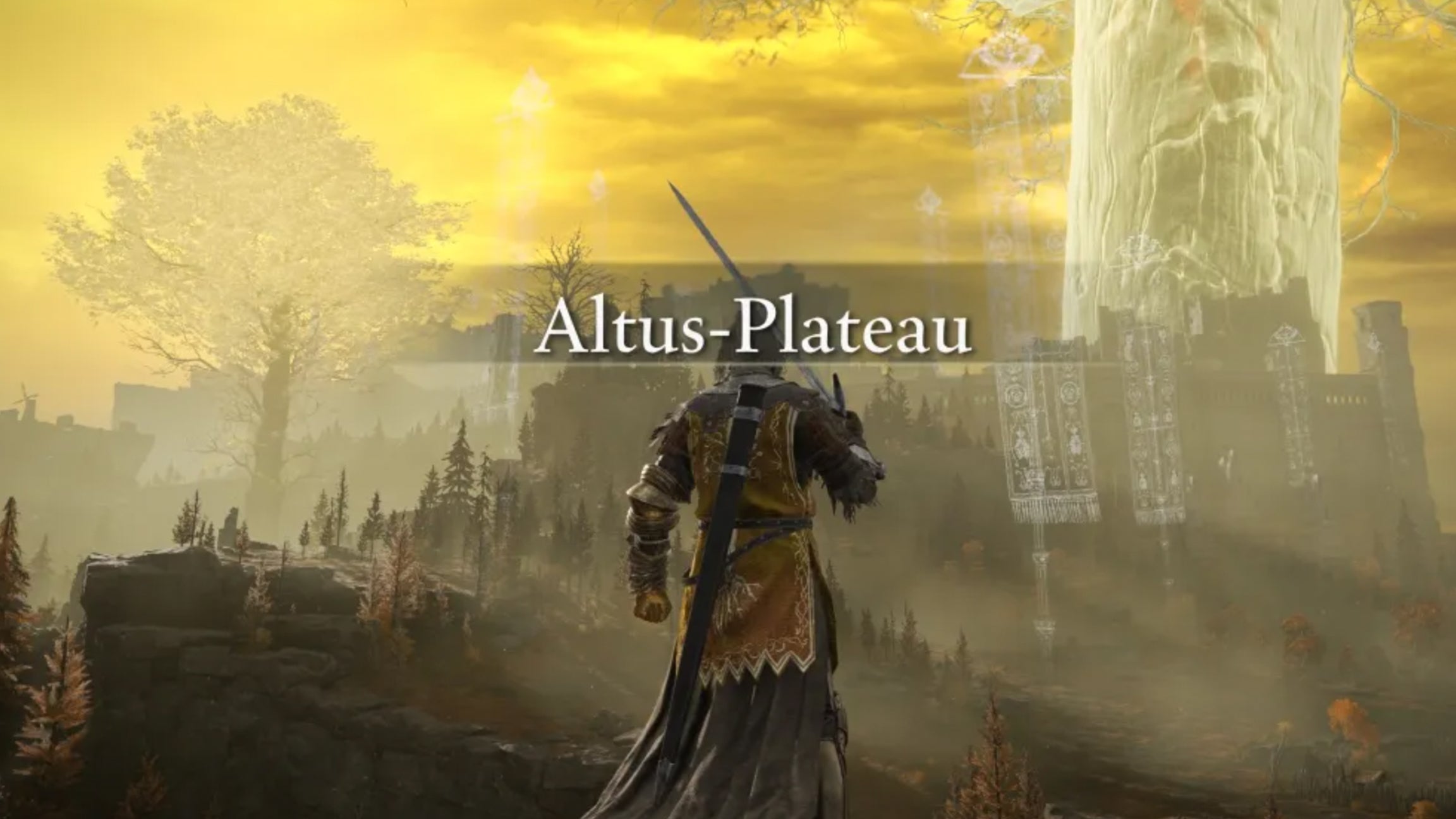 An Elden Ring character stands overlooking the start of the Altus Plateau region.