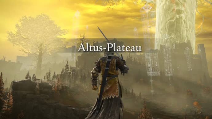 An Elden Ring character stands overlooking the start of the Altus Plateau region.
