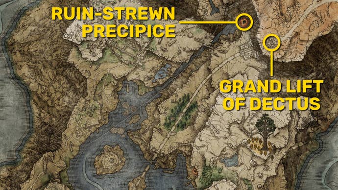 Part of the Elden Ring map with the locations of the Ruin-Strewn Precipice and the Grand Lift Of Dectus marked.