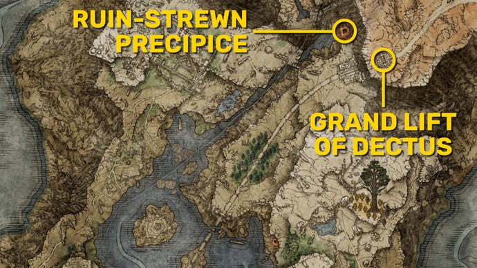Part of the Elden Ring map with the locations of the Ruin-Strewn Precipice and the Grand Lift Of Dectus marked.