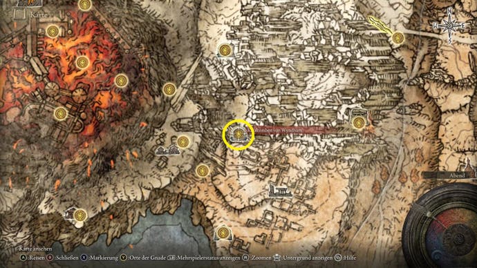 A map screen from Elden Ring showing the location of the Ancient Dragon Apostle Cookbook 1