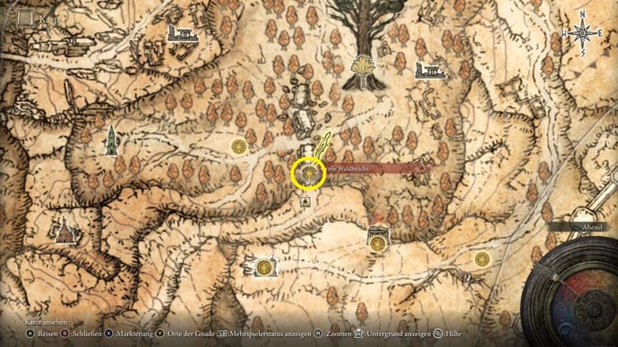 A map screen from Elden Ring showing the location of the Ancient Dragon Apostle Cookbook 2